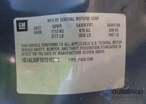 2008 Chevrolet Cobalt Lt z USA, uszkodzony, nr VIN 1G1AL58F787316220